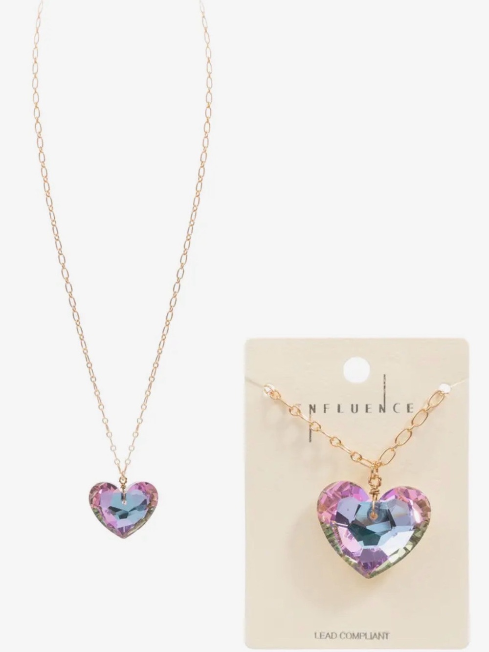 2-N-1 Mix Media Necklace with Iridescent Pink / Multi Facet Metal Heart Pendant